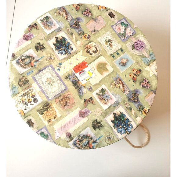 Maxi Size! Vtg Shabby Chic Hat Box Cardboard w/ Rope Handle, 15.25" Floral - Picture 3 of 8